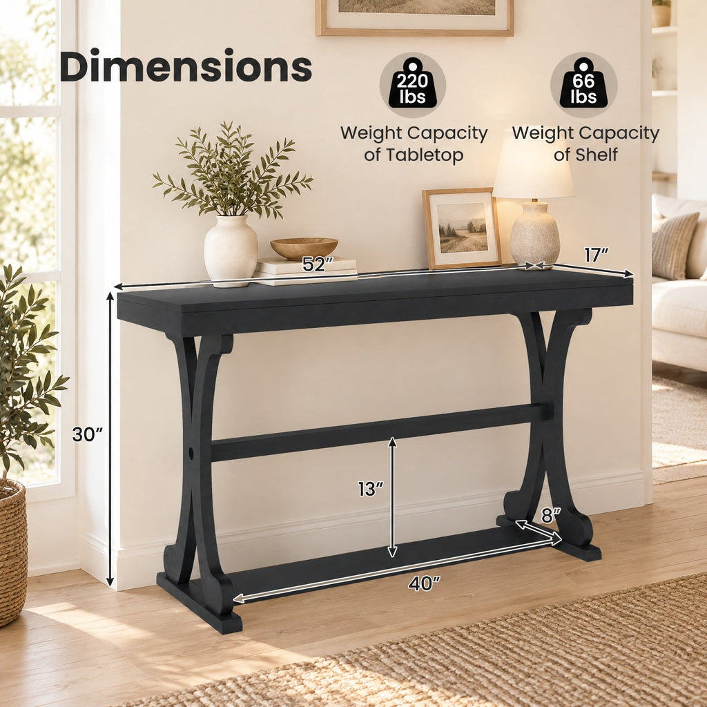 AIRFIND Console Table with Open Storage Shelf, 52 in Vintage Entryway Table with Curved Solid Wood Legs and Adjustable Feet, Black