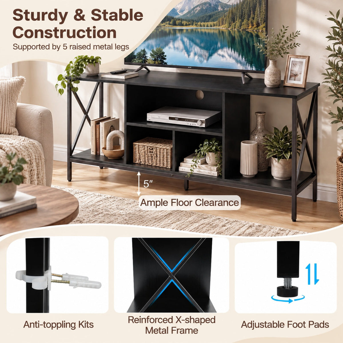 Airfind TV Stand with LED Lights for 65 Inch TV Entertainment Center with Power Outlets, 132 lbs Capacity, Metal Engineered Wood MDF Frame, Black