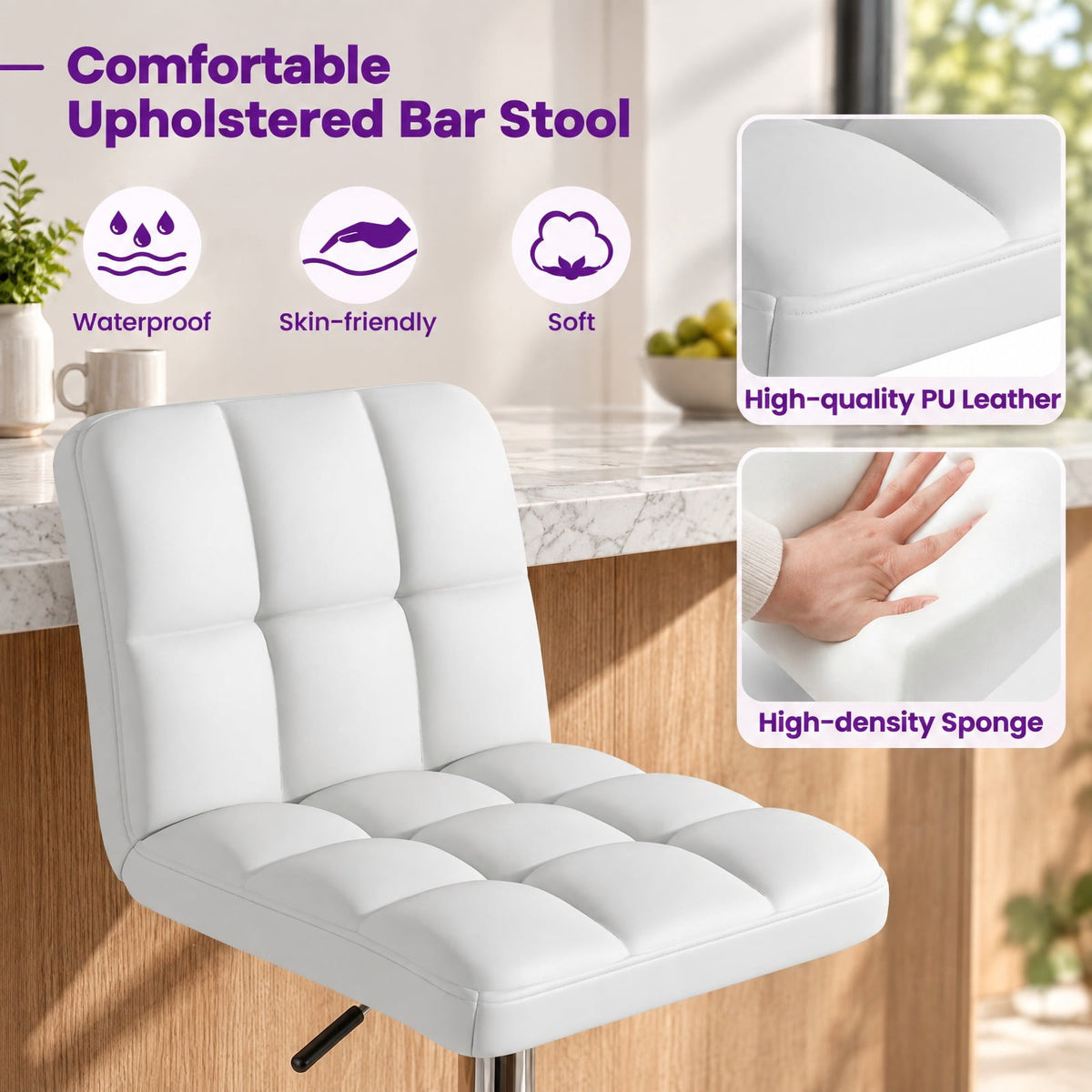 Airfind Set of 2 Square Swivel Adjustable PU Leather Bar Stools with Back and Footrest, 250 lbs Capacity, PU leather steel sponge Frame, White