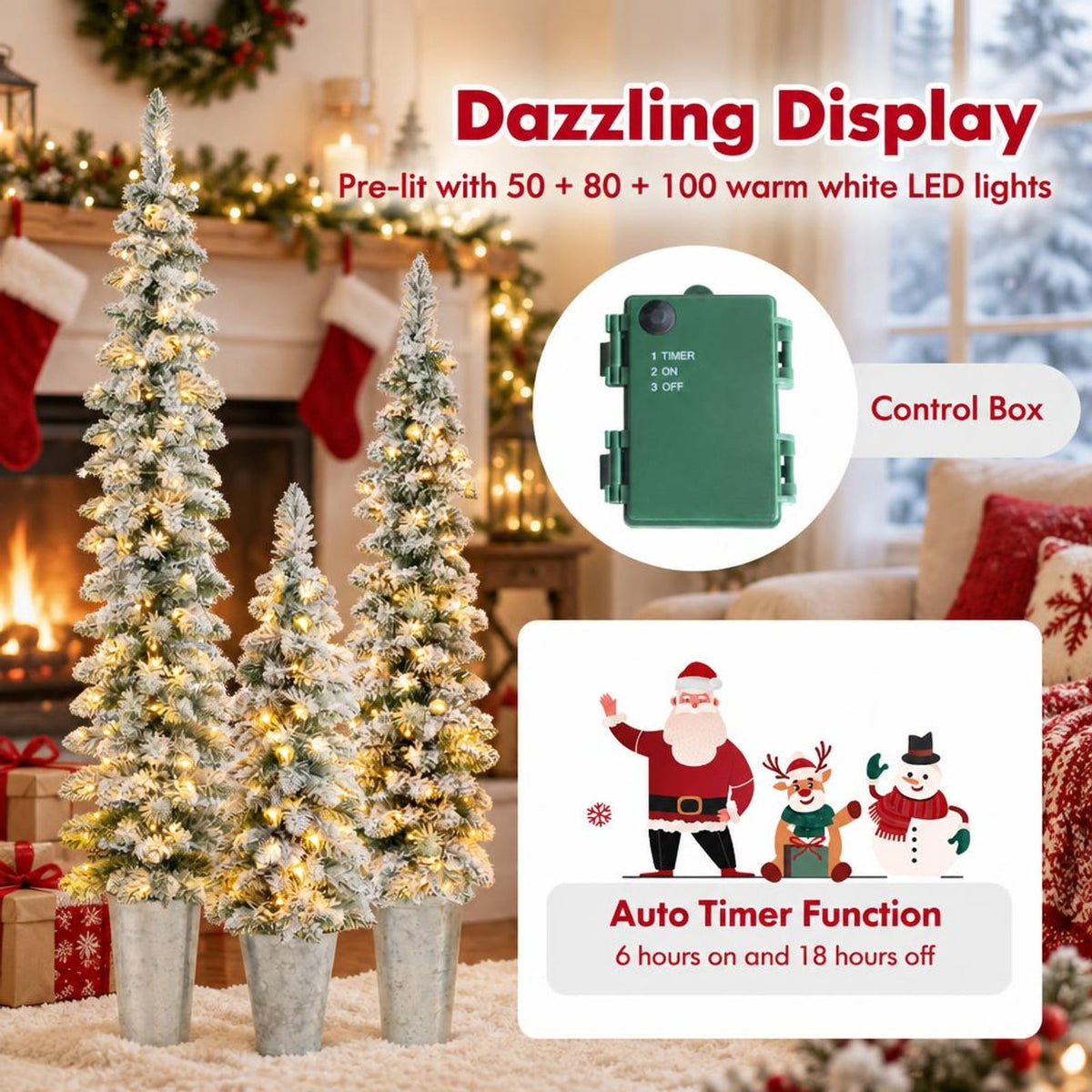 Airfind Set of 3 Pre-Lit Snow Flocked Artificial Christmas Trees witrh 423 Branch Tips, PVC Tree Height 3 ft Tree Width 10in Frame
