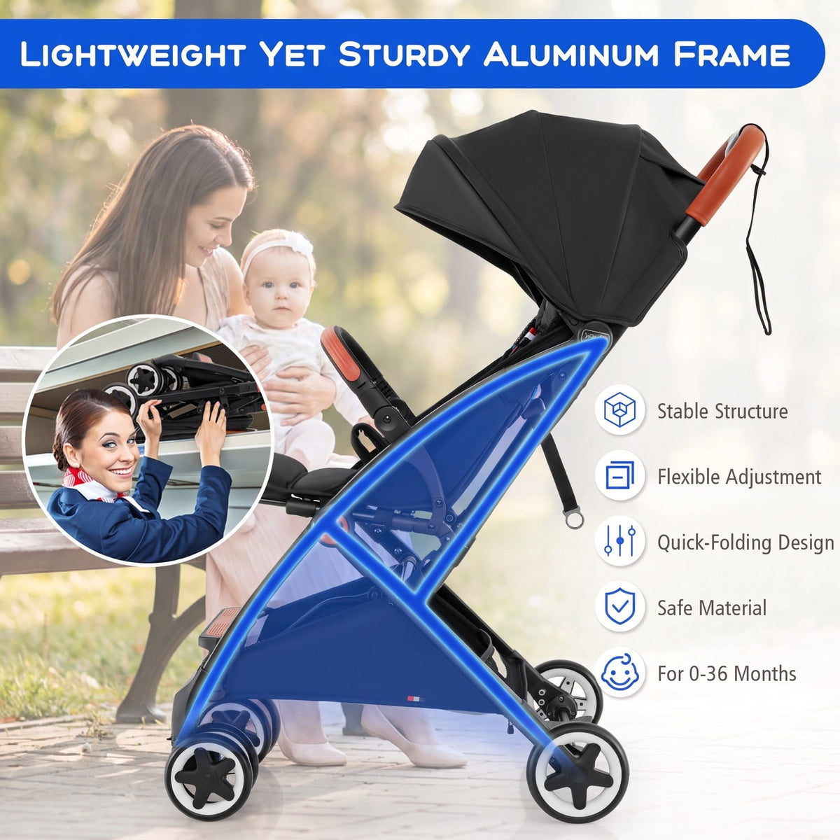 Airfind Lightweight Aluminium Frame Baby Stroller with Net, Aluminium Alloy Iron Fabric Frame, for 0-3 years old, 28.5 x 20.5 x 38 Footprint
