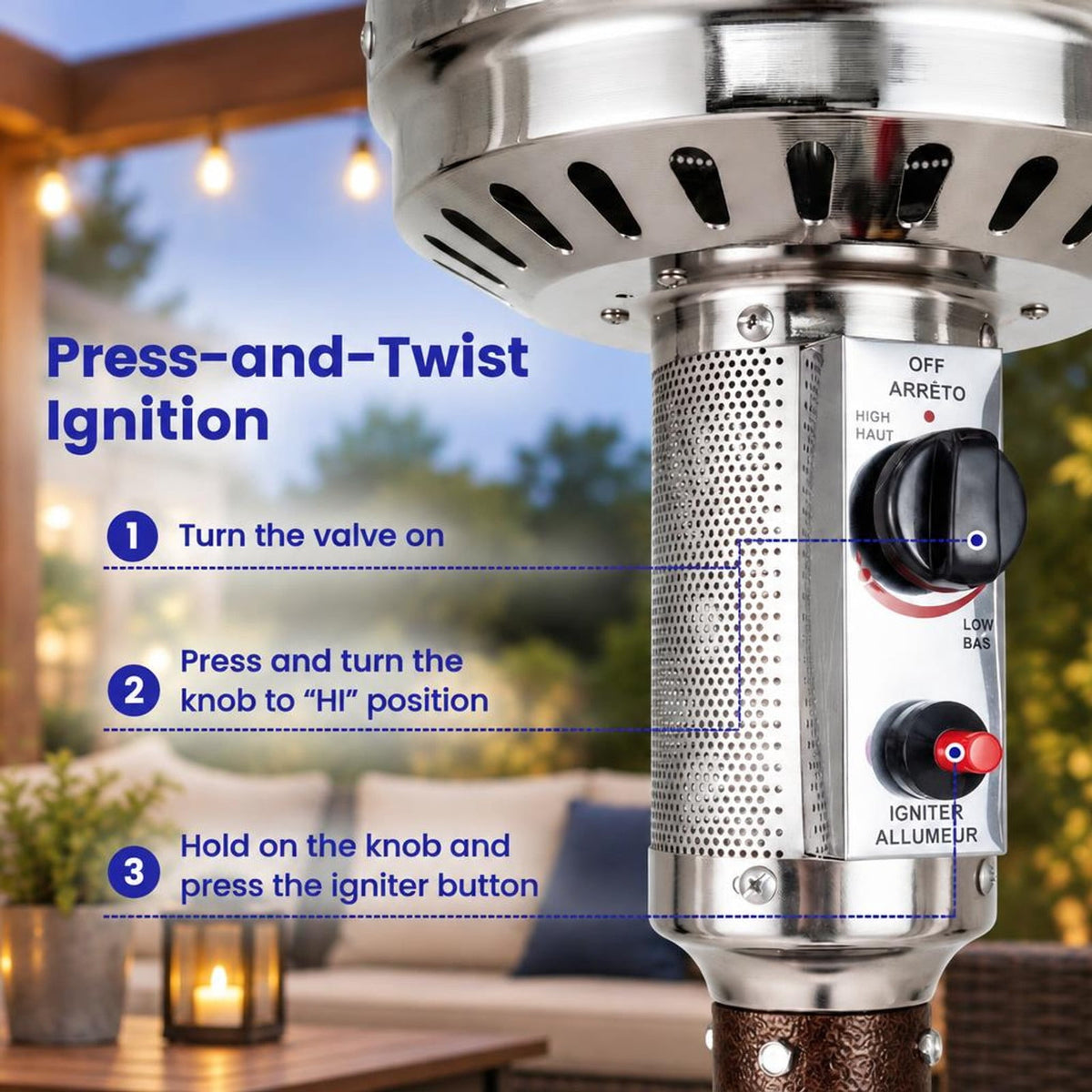 Airfind 50 000 BTU Patio Propane Gas Heater with Stainless Steel Burner, Stainless Steel Metal Aluminum Frame, 32.5in x 86in Footprint, Black
