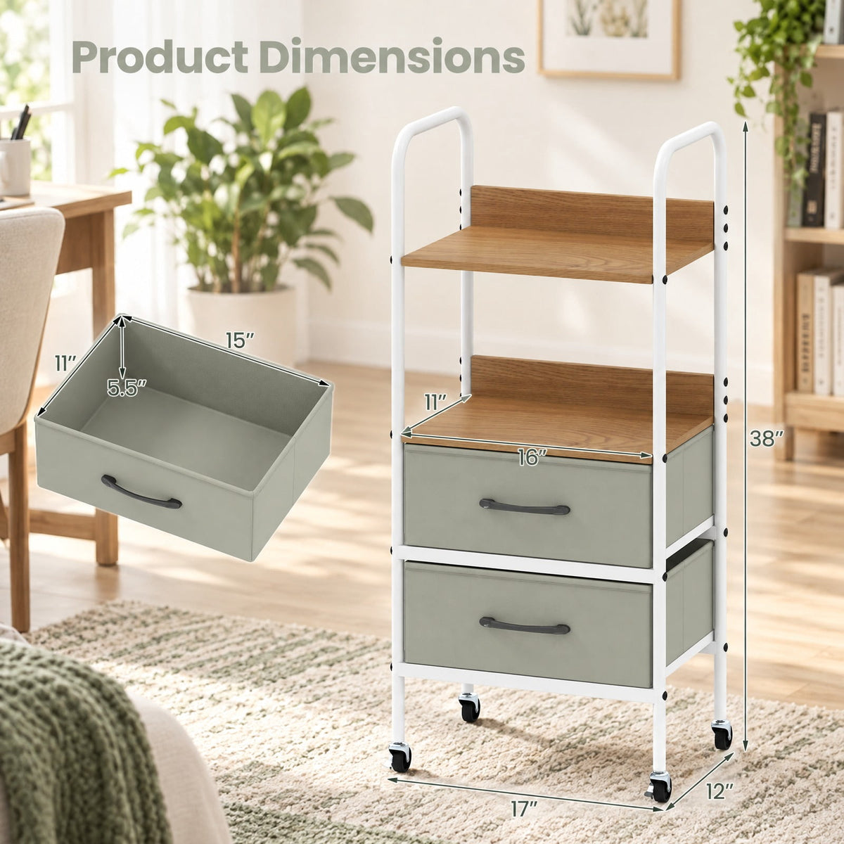 Airfind Rolling Utility Storage Cart with 2 Open Shelves and 2 Fabric Drawers, 22 lbs Capacity, Metal Engineered Wood Non-woven Fabric Frame