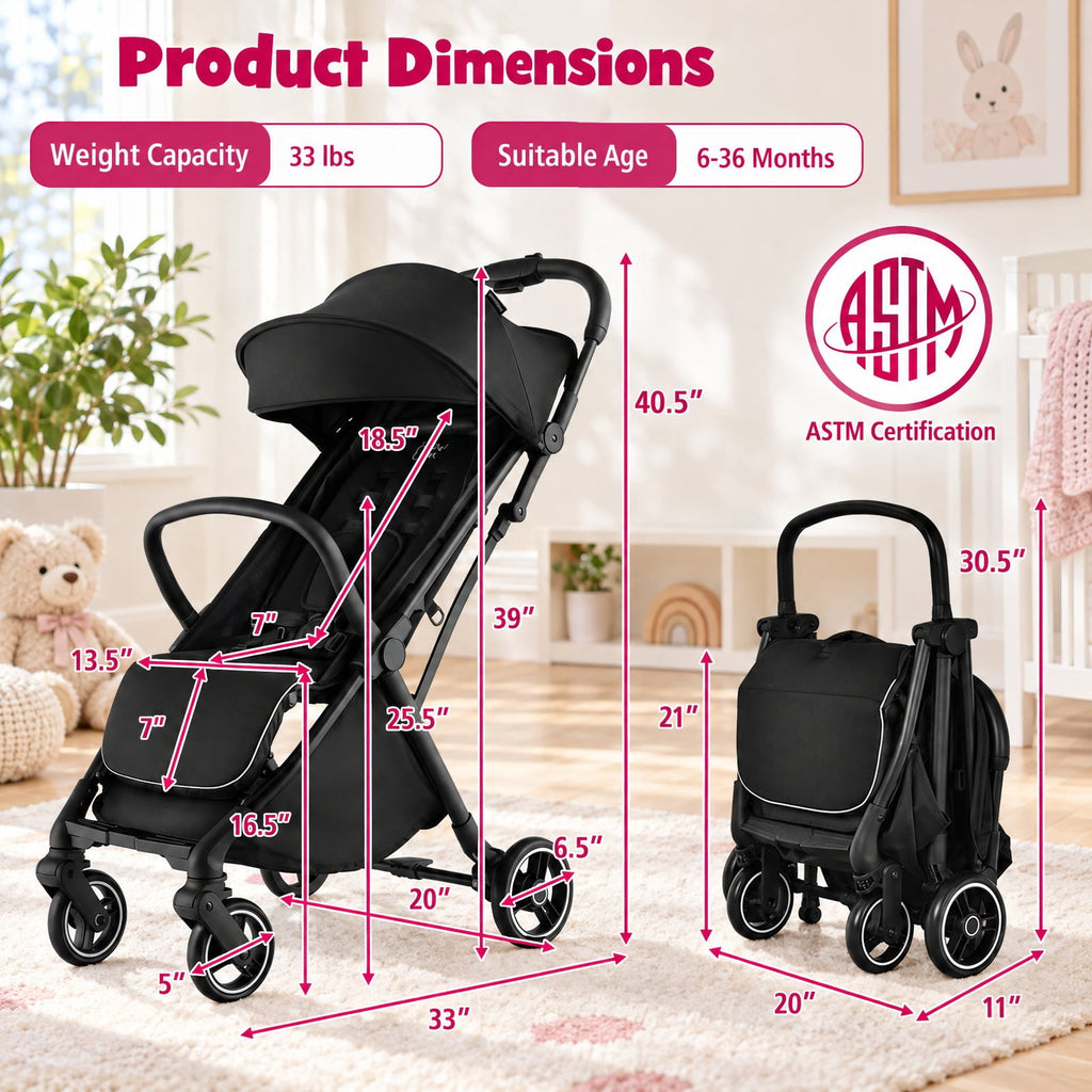Airfind One-Hand Folding Portable Lightweight Baby Stroller with Aluminum Frame, 33 lbs Capacity, Aluminum polyester EVA Frame, Black
