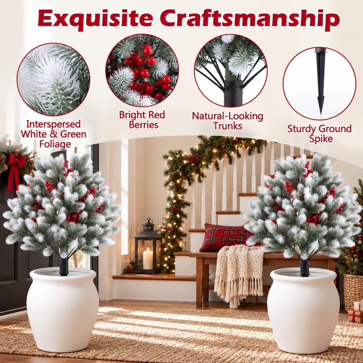 Airfind Set of 2 Artificial Cedar Topiary with Ground Spikes for Porch Patio Winter Decoration, PP PE Frame, Green White Red