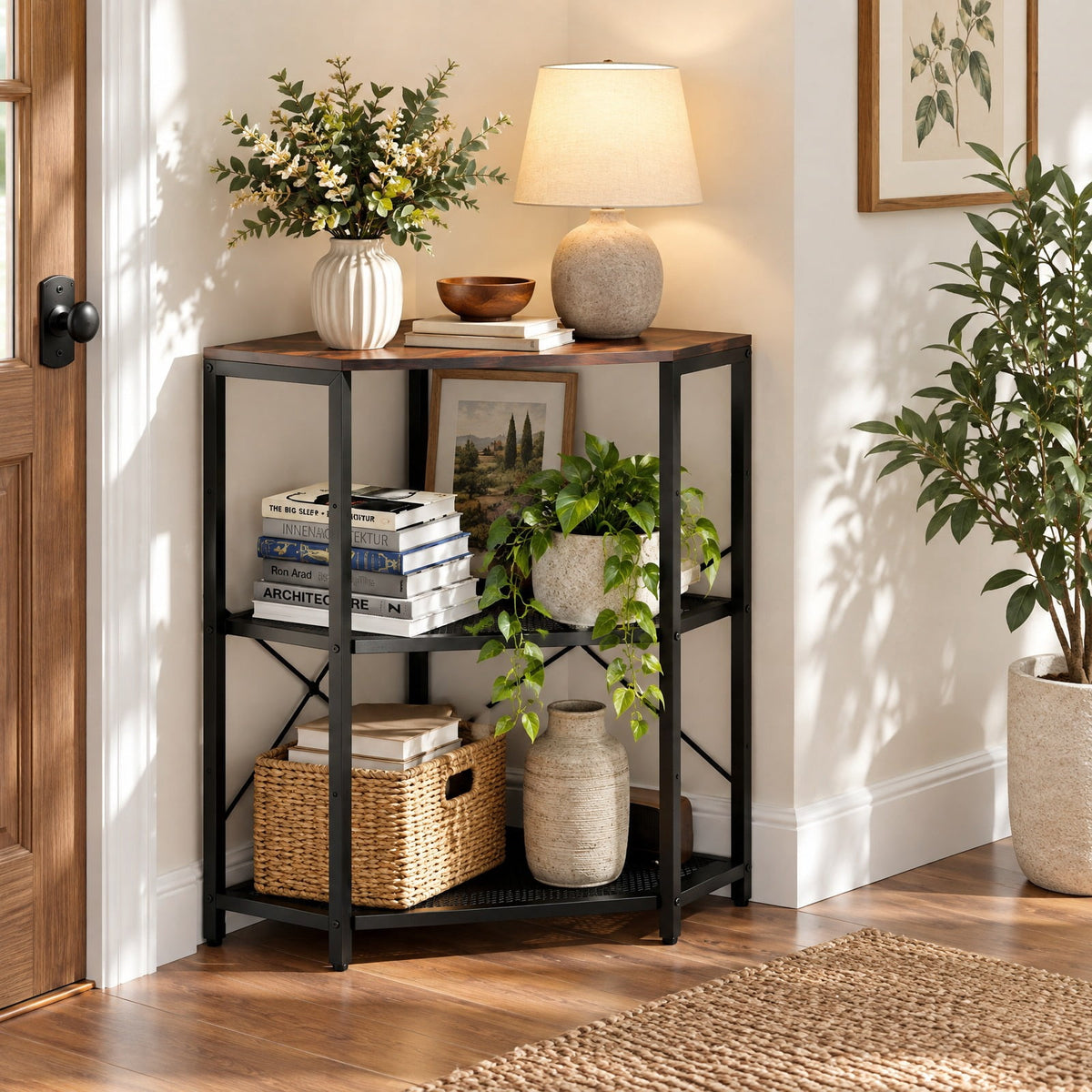 Airfind Corner Printer Stand with Power Outlet 3-Tier Storage Rack with Adjustable Shelf, 70 lbs Capacity, Engineered Wood Metal Frame, Brown