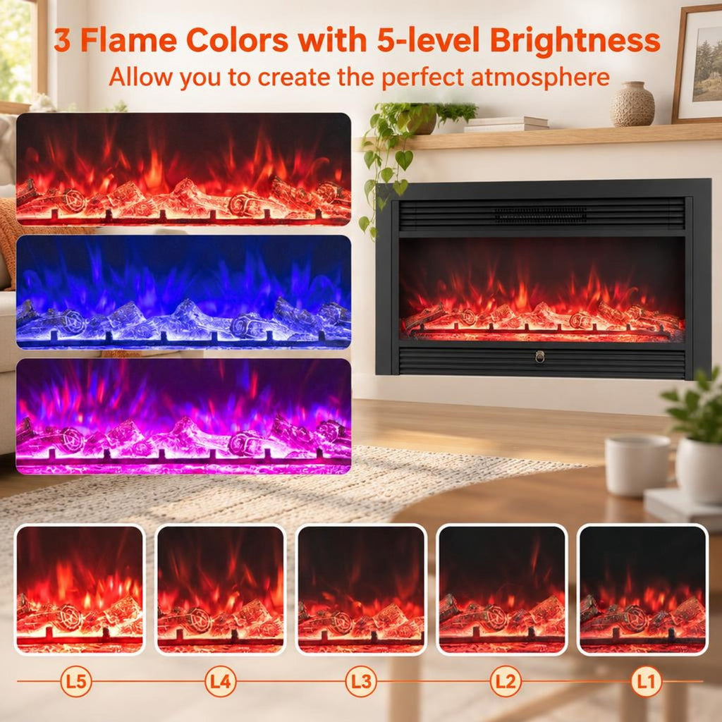 Airfind 33/36-Inch Electric Fireplace Insert 750W/1500W Recessed Fireplace Heater-1500W, Metal Tempered Glass Frame, Black