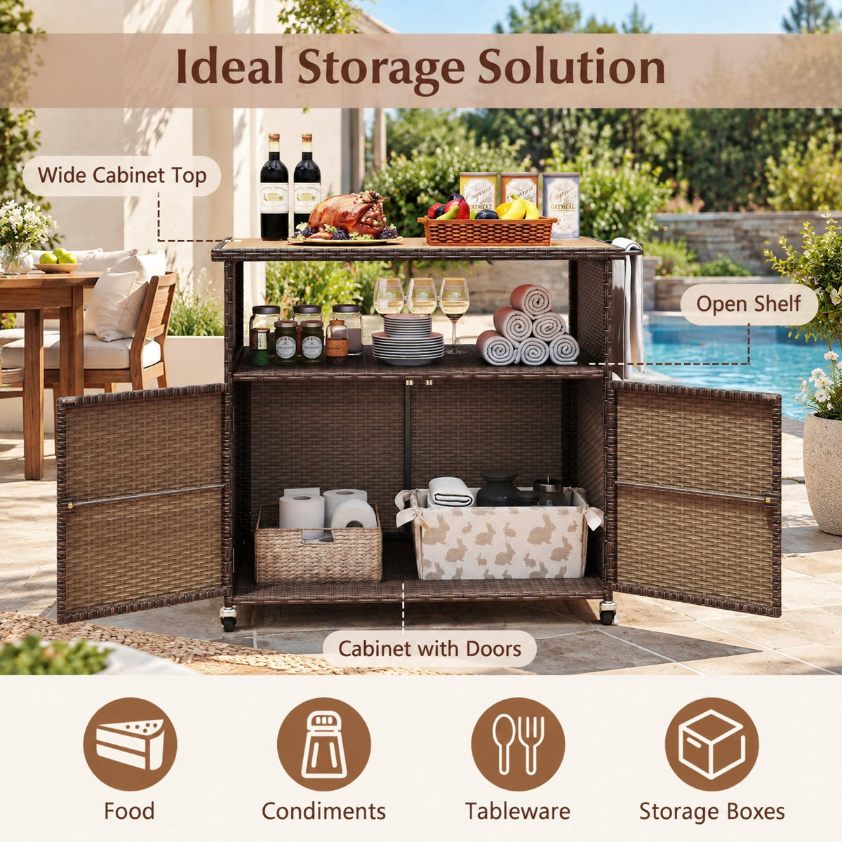 Airfind Outdoor Storage Cabinet with Acacia Wood Top and Lockable Wheels, 180 lbs Capacity, PE Rattan Acacia Wood Metal Frame, Brown