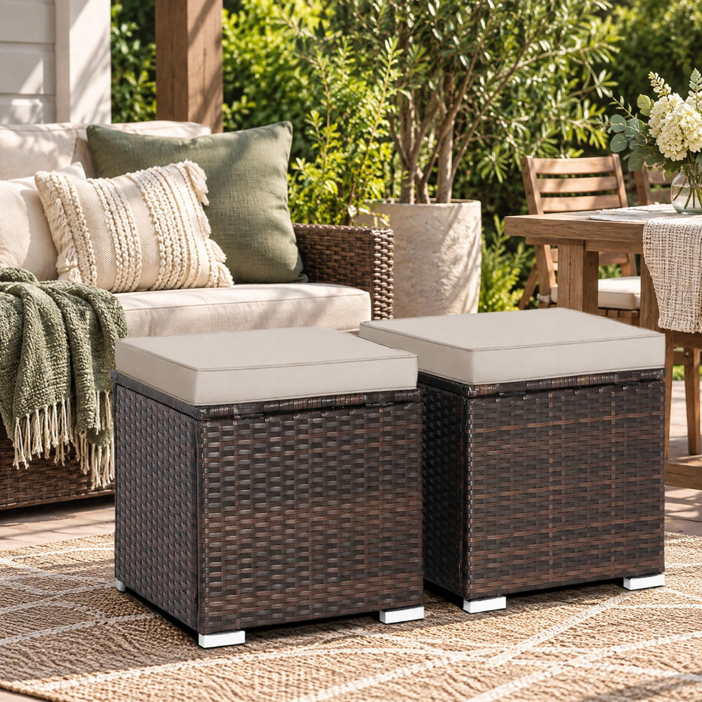 Airfind 2 Pieces Patio Ottoman with Removable Cushions, 350 lbs Capacity, Metal PE Rattan Sponge Polyester Frame, 16 x 16 x 15.5 Footprint, Brown