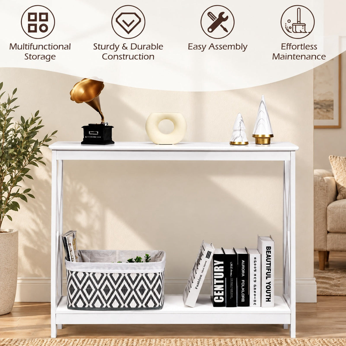 Airfind 2-Tier Console X-Design Sofa Side Accent Table, 66 lbs Capacity, P2 MDF Frame, 39.5 x 12 x 31.5 Footprint, White