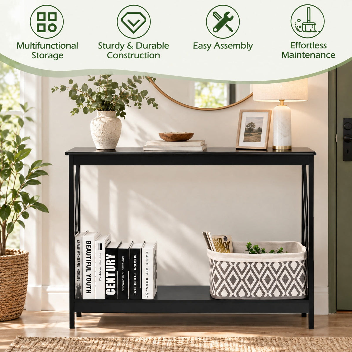 Airfind 2-Tier Console X-Design Sofa Side Accent Table, 66 lbs Capacity, P2 MDF Frame, 39.5 x 12 x 31.5 Footprint, Black