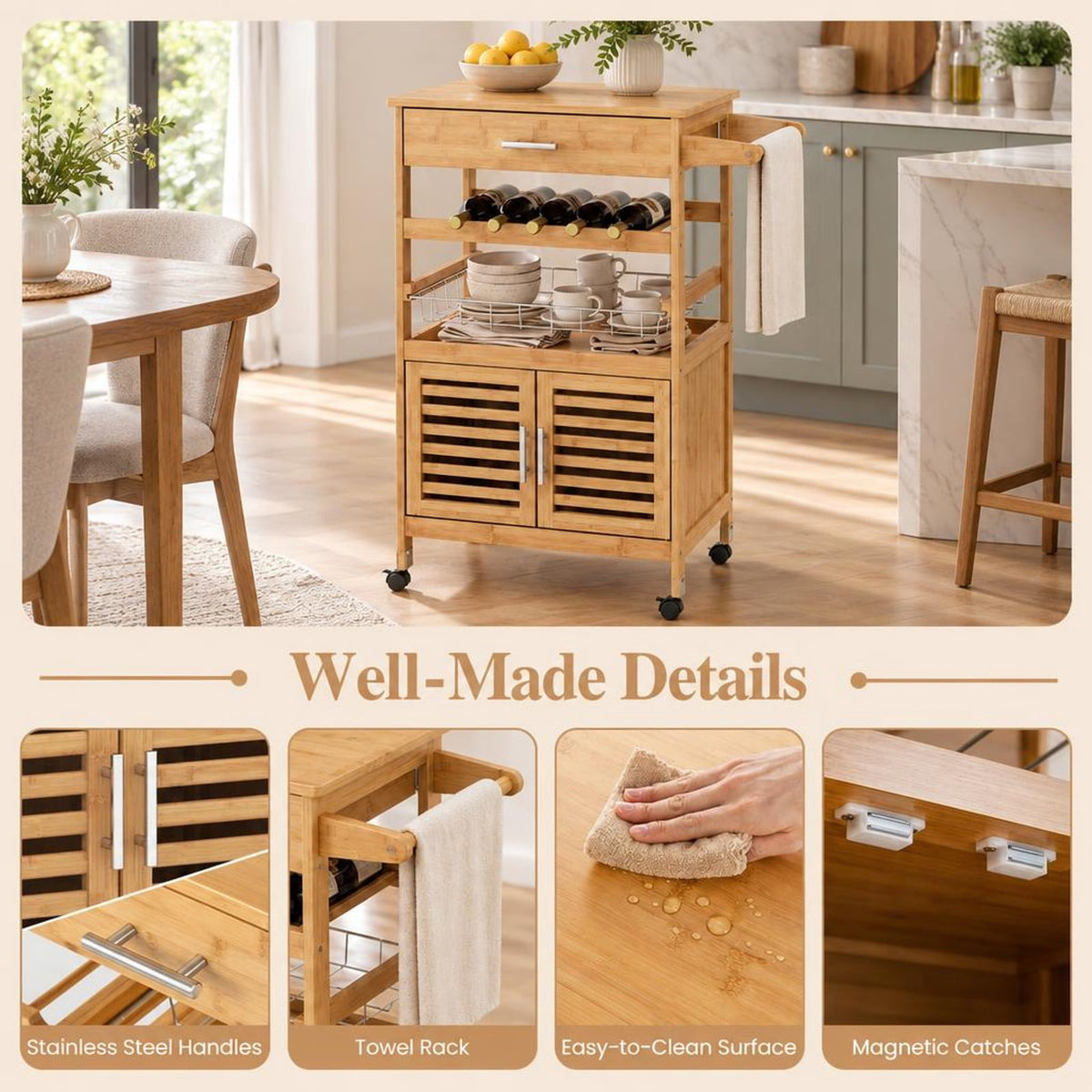 Airfind Bamboo Rolling Kitchen Island Trolley with Storage Cabinet and Wine Rack, 66 lbs Capacity, Bamboo Engineered Wood Metal Frame, Natural