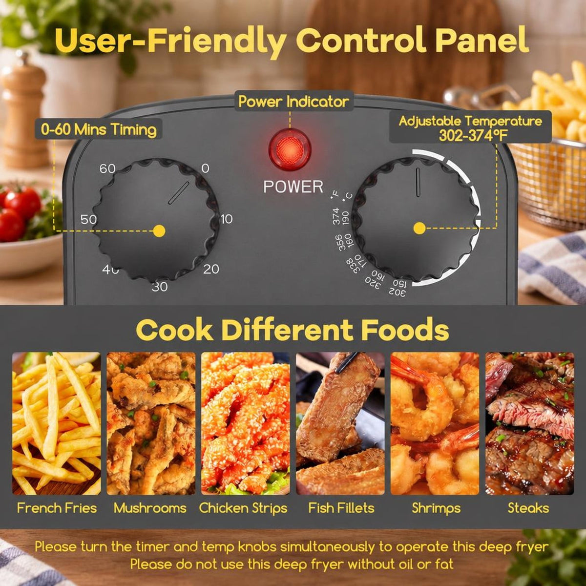 Airfind Electric Deep Fryer 5.3QT/21-Cup Stainless Steel 1700W featuring Triple Basket, Stainless Steel Iron Frame, 12 Inch x 11 Inch x 8.5 Inch Footprint, Black