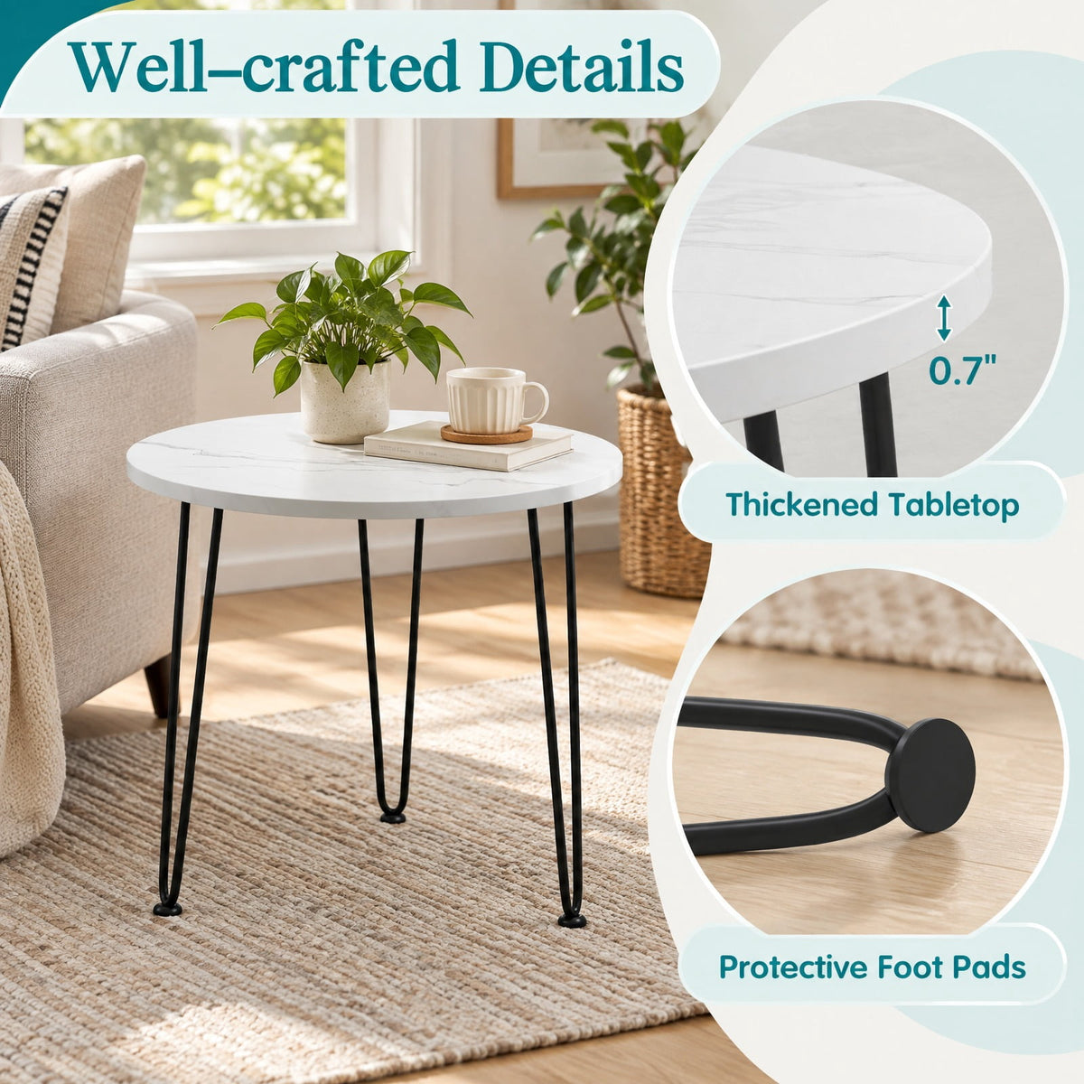 Airfind Round Coffee Table with Thickened Tabletop and Metal Tripod Legs, 23.5 x 23.5 x 18.5Weight Footprint, White