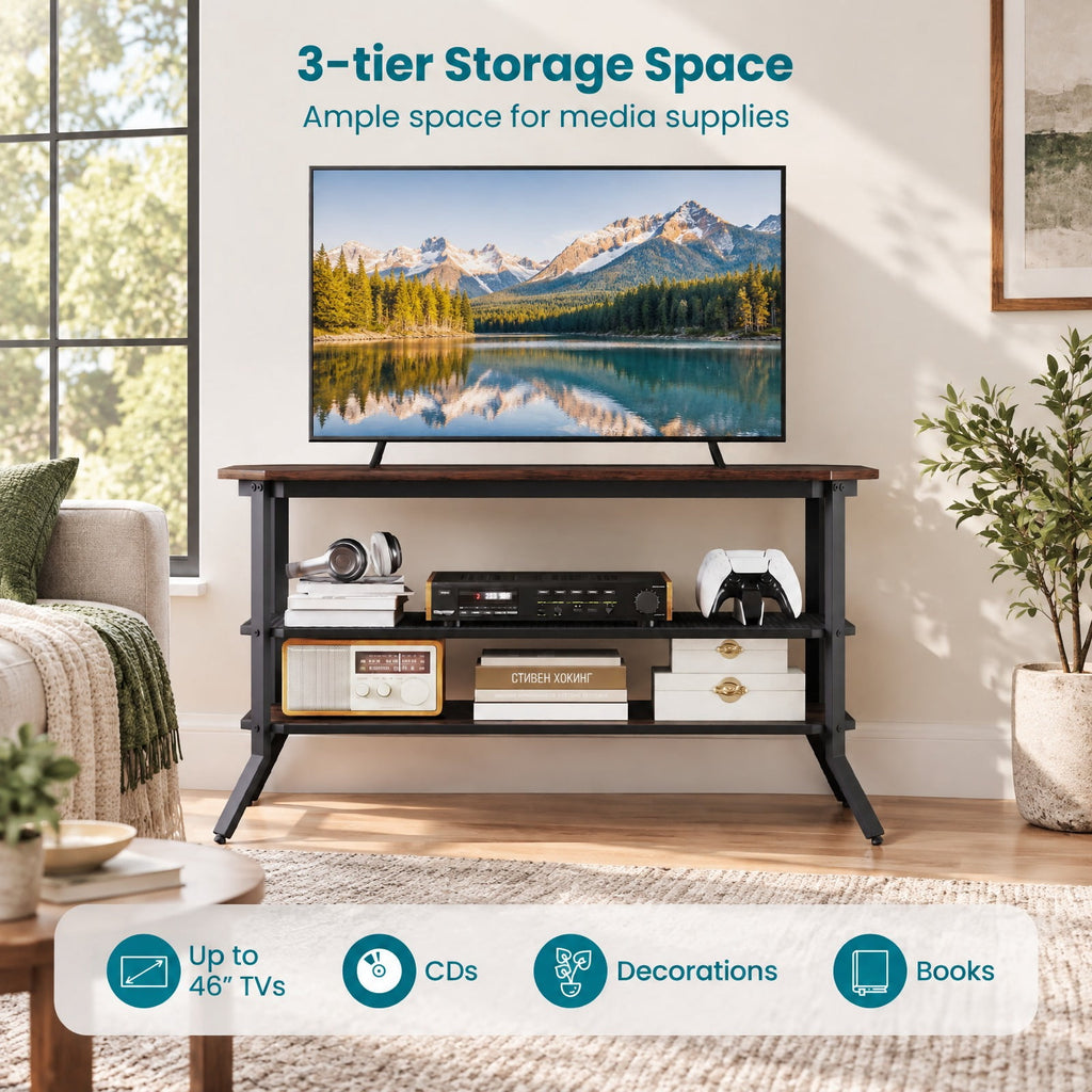 Airfind 3-tier Console Table TV Stand with Mesh Storage Shelf, 200 lbs Capacity, Engineered Wood Metal Frame, Brown