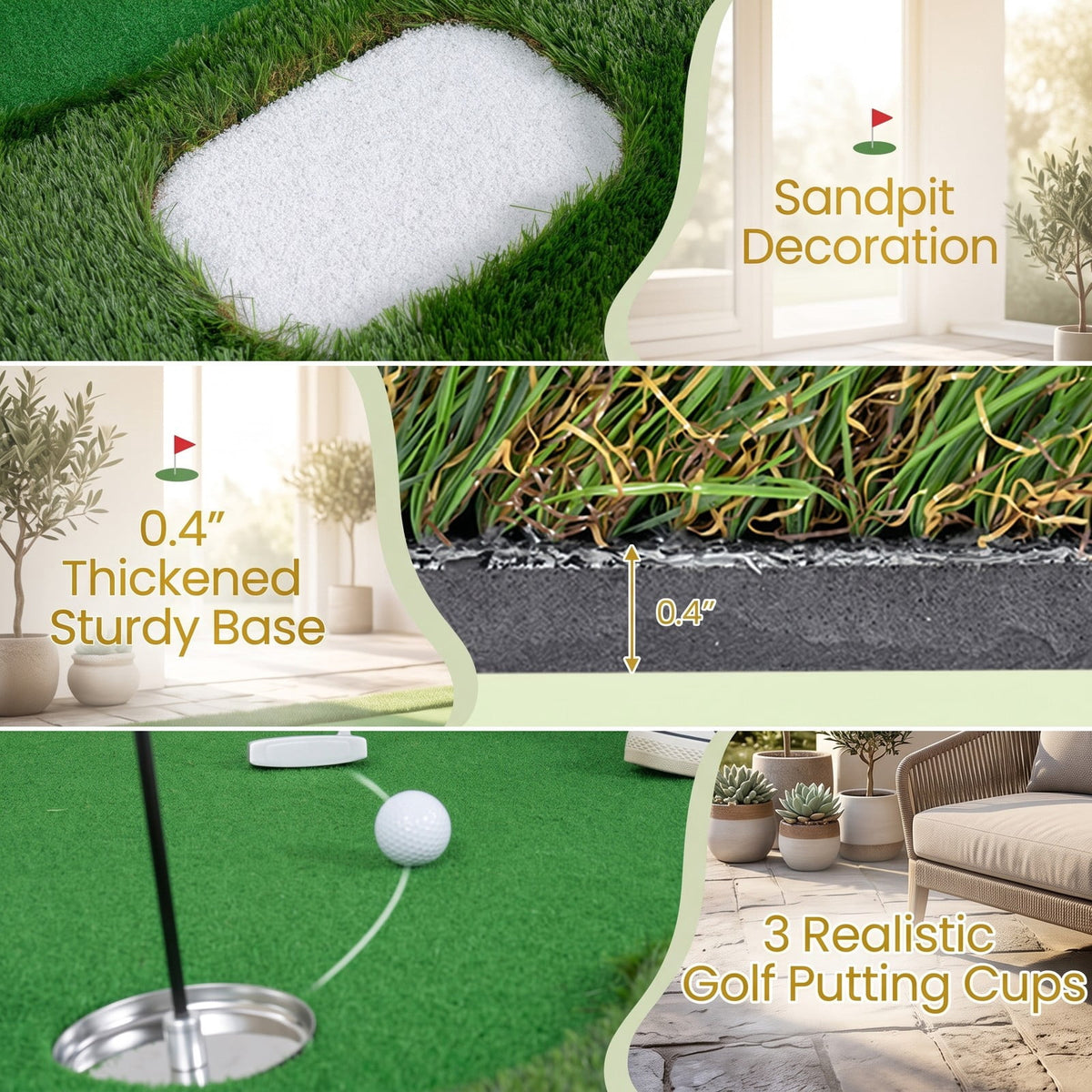Airfind 10 x 3.5ft Golf Putting Green Mat with 3 Hole Cups and 3 Flags, Indoor Outdoor Practice Putting Training Turf for Home Backyard Garage Office, Green
