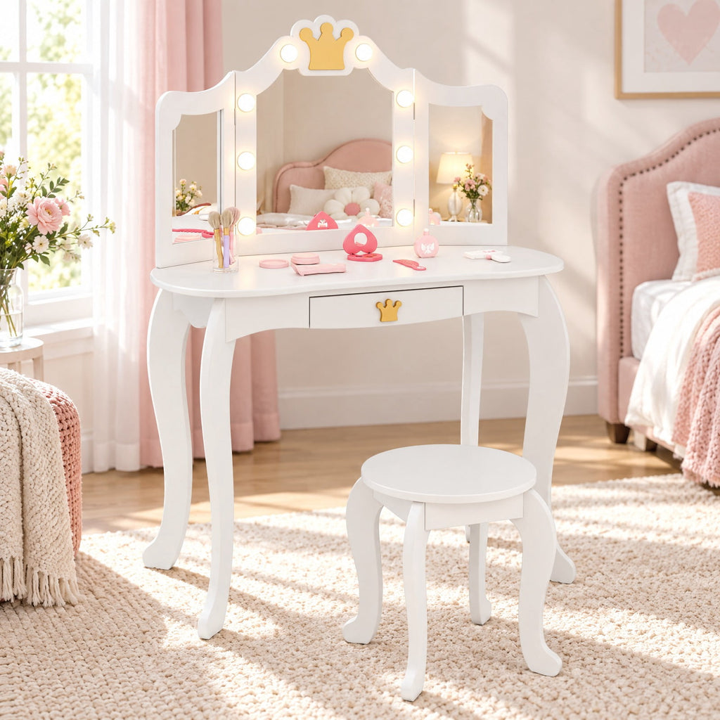 Airfind Kids Vanity Set with Tri-fold Lighted Mirror Detachable Top and Stool, 110 lbs Capacity, MDF Frame, for 3-7 Years Old, White