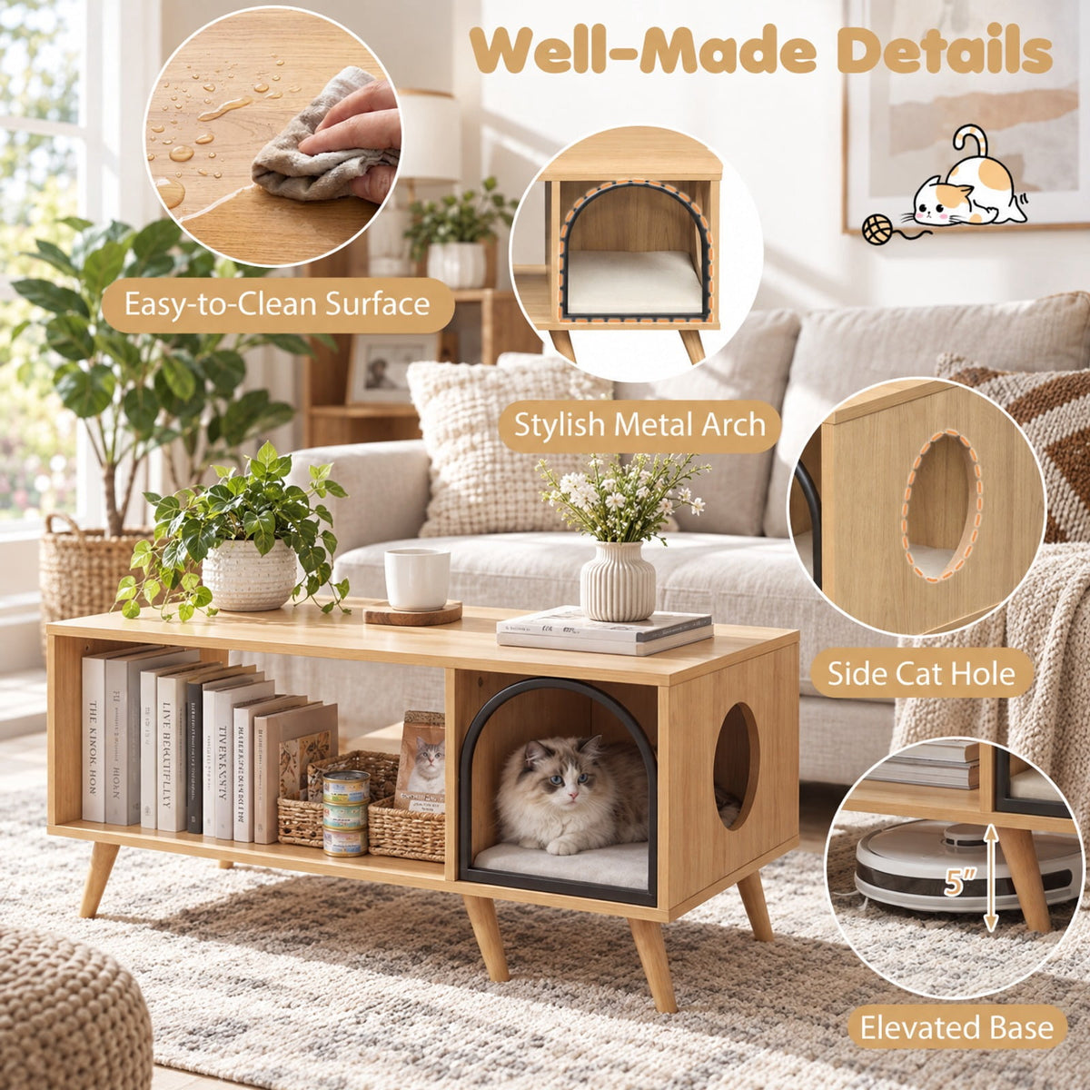 Airfind 40 Inch Coffee Table Cat House 2-in-1 Wooden Kitten Furniture with Open Storage Shelf, 88 lbs Capacity, 40 x 20 x 18 Footprint, Natural