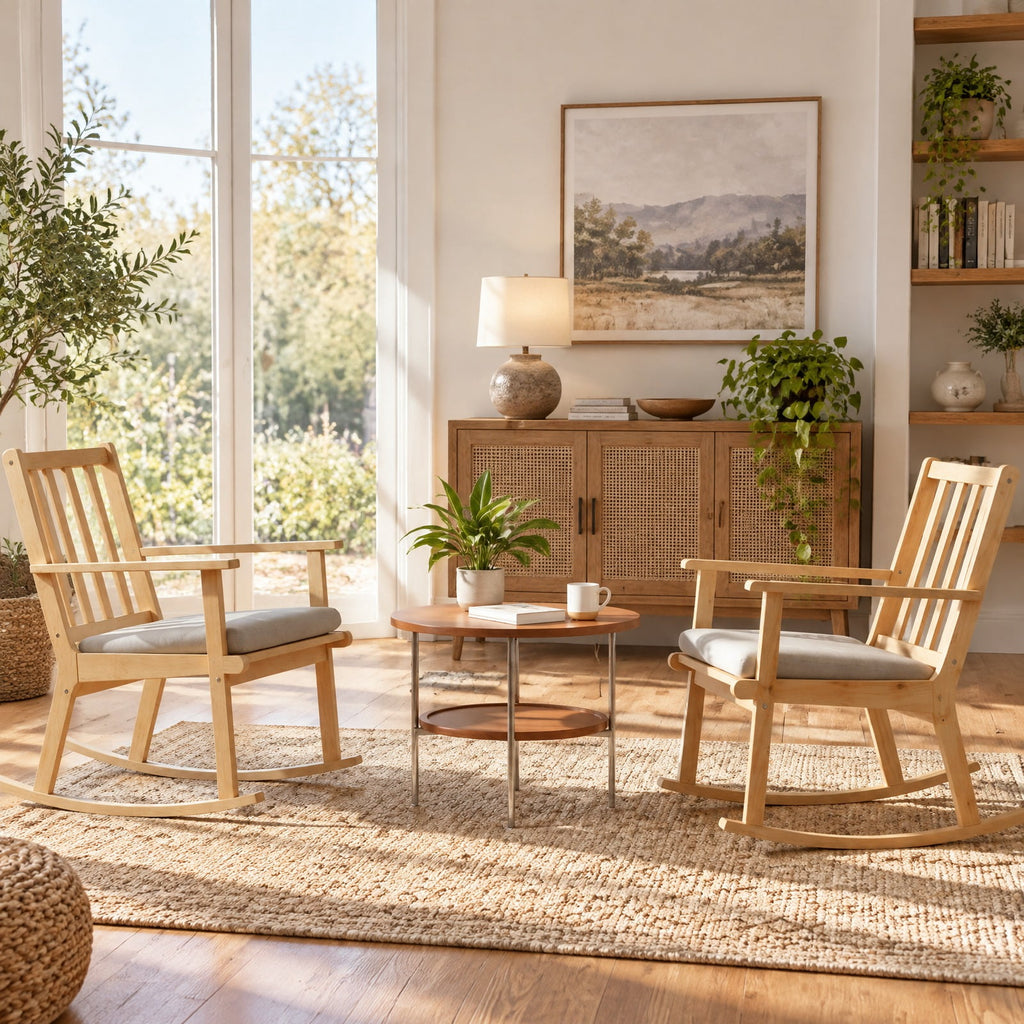 Airfind Rocking Chair with Cushion Solid Rubber Wood Rocker with Padded Seat, 160 kg Capacity, Rubber Wood Fabric Sponge Frame, Natural