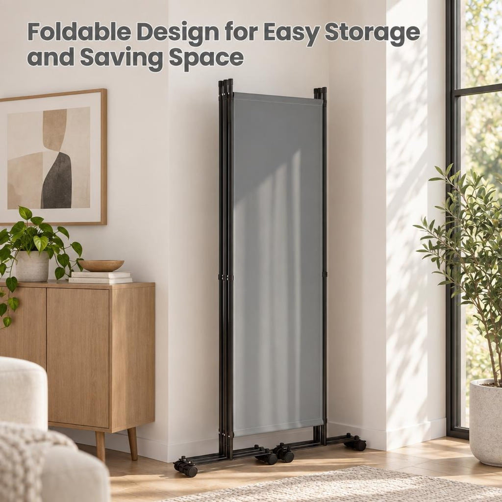 Airfind 4-Panel Room Divider with Lockable Wheels for Living Room, Polyester Fabric Metal Frame, 87in x 14in x 68in Footprint, Gray
