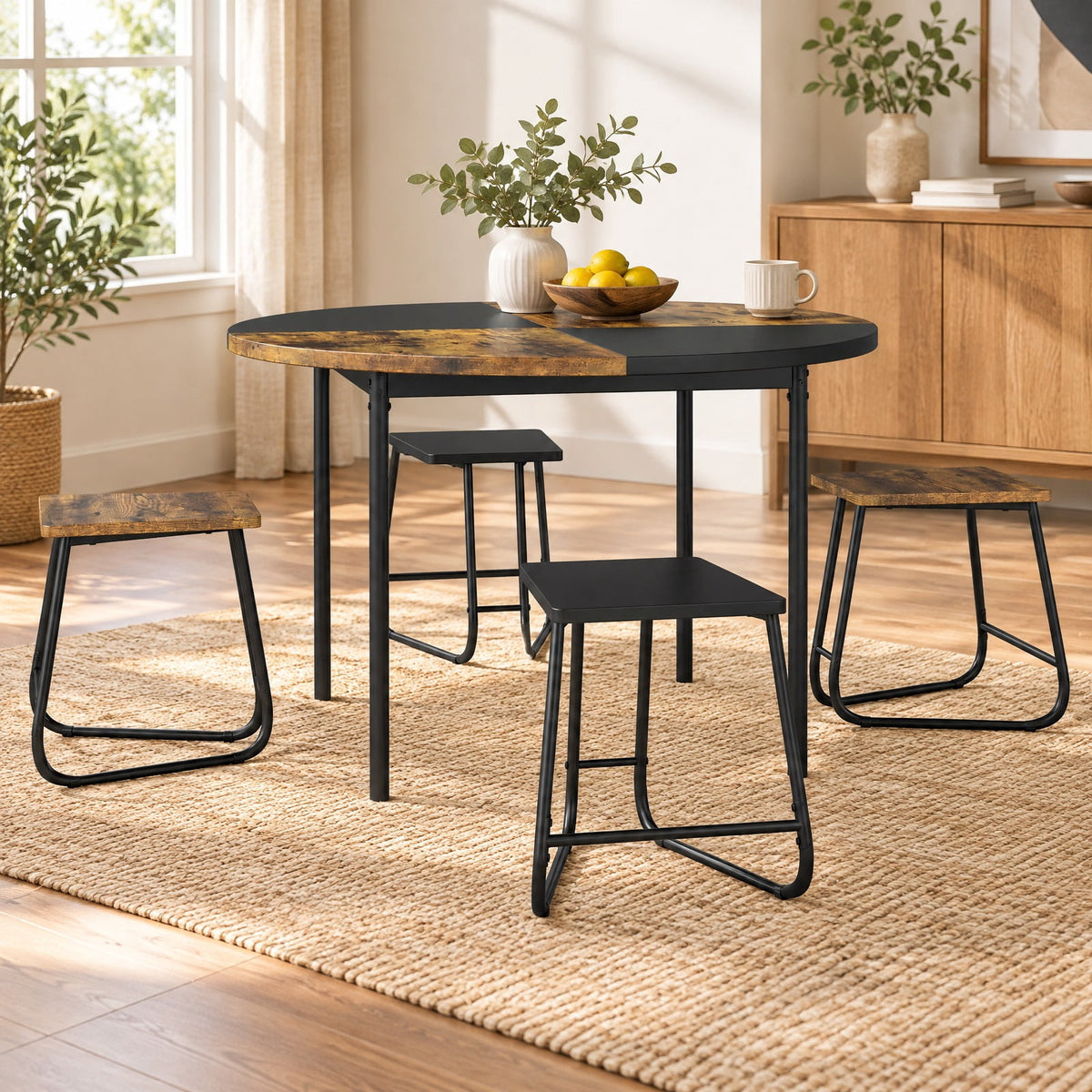 Airfind 5-Piece Dining Set for 4 47 Inch Round Kitchen Table and 4 Stools, MDF Metal Frame, Brown, Table Size 47in x 30in