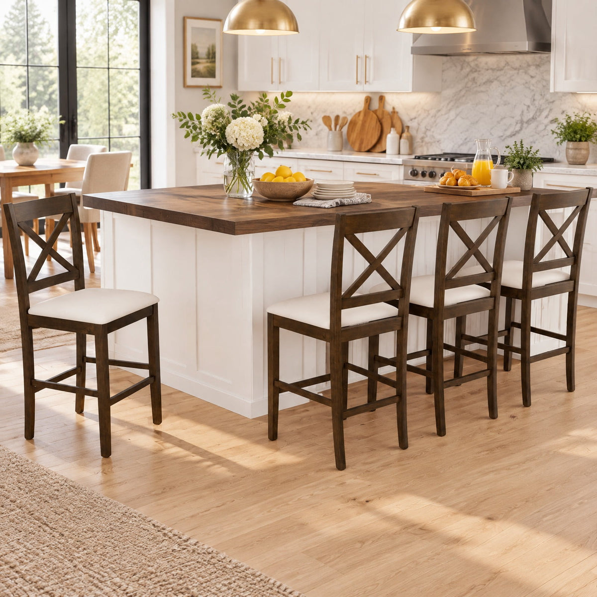 Airfind Set of 2 X-Back Bar Stools with Upholstered Cushioned Seats, 330 lbs Capacity, Rubber Wood Linen Fabric Sponge Frame, Brown
