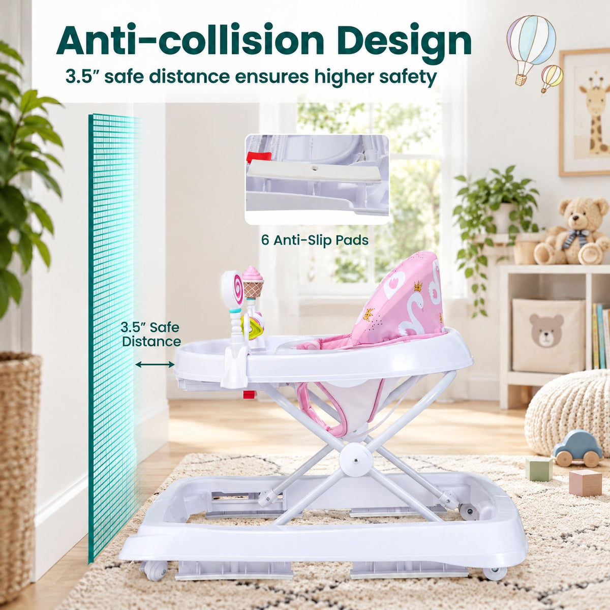 Airfind Foldable Baby Activity Walker with Adjustable Height and Detachable Seat Cushion, 30 lbs Capacity, PP Metal Frame, for 6-36 Months Old, Pink