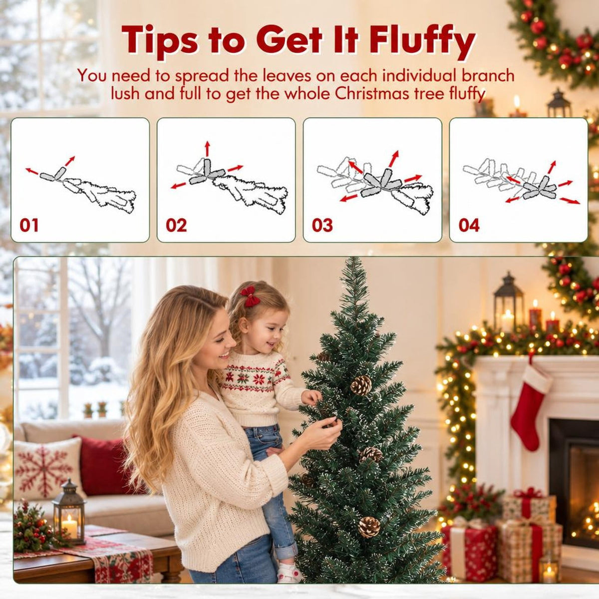 Airfind 5 Ft Slim Snow-Flocked Pencil Christmas Tree featuring 214 Branch Tips, 25 Pine Cones and Foldable Metal Stand, Green