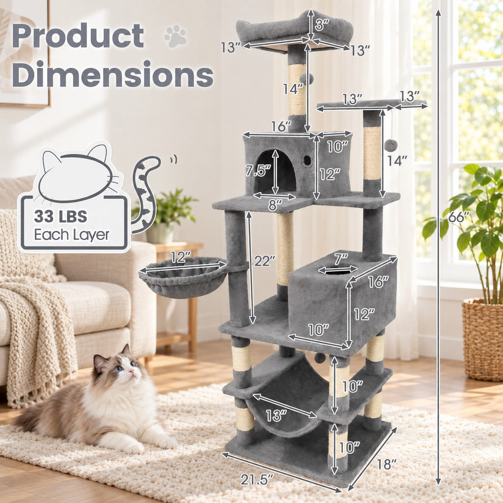 Airfind 66 Inch Tall Cat Tree Multi-Level Cat Tower with 2 Condos Sisal Scratching Posts, 33 lbs Capacity, Light Gray