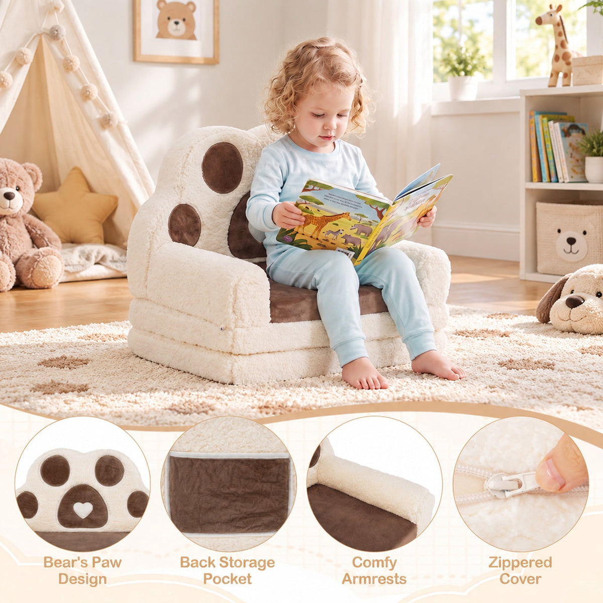 Airfind 2-in-1 Convertible Kids Sofa to Lounger with Removable Cover, Cotton Velvet Sponge Frame, for 18-36 Months Old, Brown