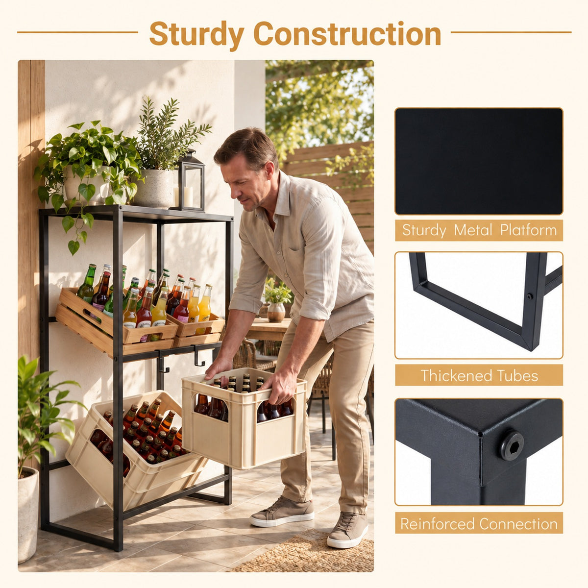 Airfind 3-Tier Drink Crate Rack with Shelf for Beer and Water for Kitchen and Garage, 44.1 lbs Capacity, Metal Frame, Black