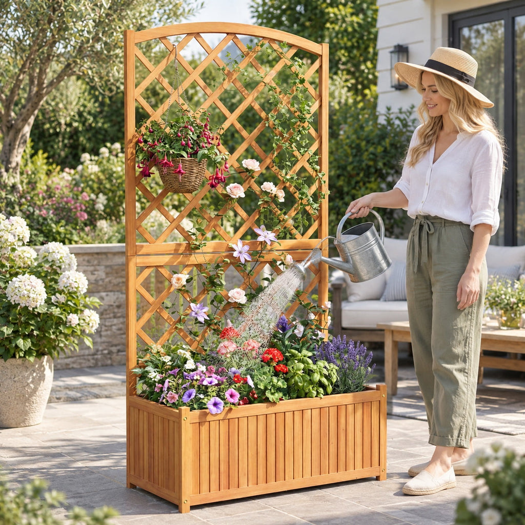 Airfind Wooden Raised Garden Bed with Trellis 63 Inch Tall Garden Planter, 80 kg Capacity, Acacia Wood Frame, 31.5 x 15.7 x 63 Footprint, Natural