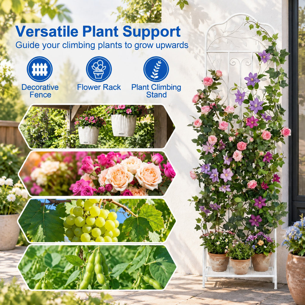Airfind 75 x 20 Inch Outdoor Metal Garden Trellis with Foldable Bottom Shelf, 33 lbs Capacity, Metal Frame, 20 x 12 x 75 Footprint, White