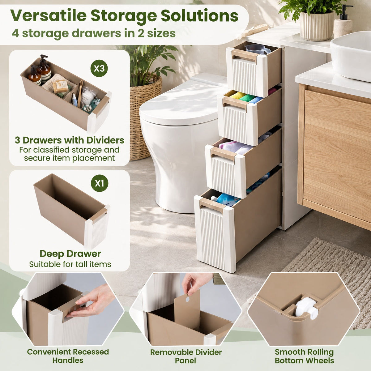 Airfind Narrow Storage Cabinet with Drawers and Removable Dividers, 11 lbs Capacity, PP Frame, 18 x 7 x 30 Footprint, Beige