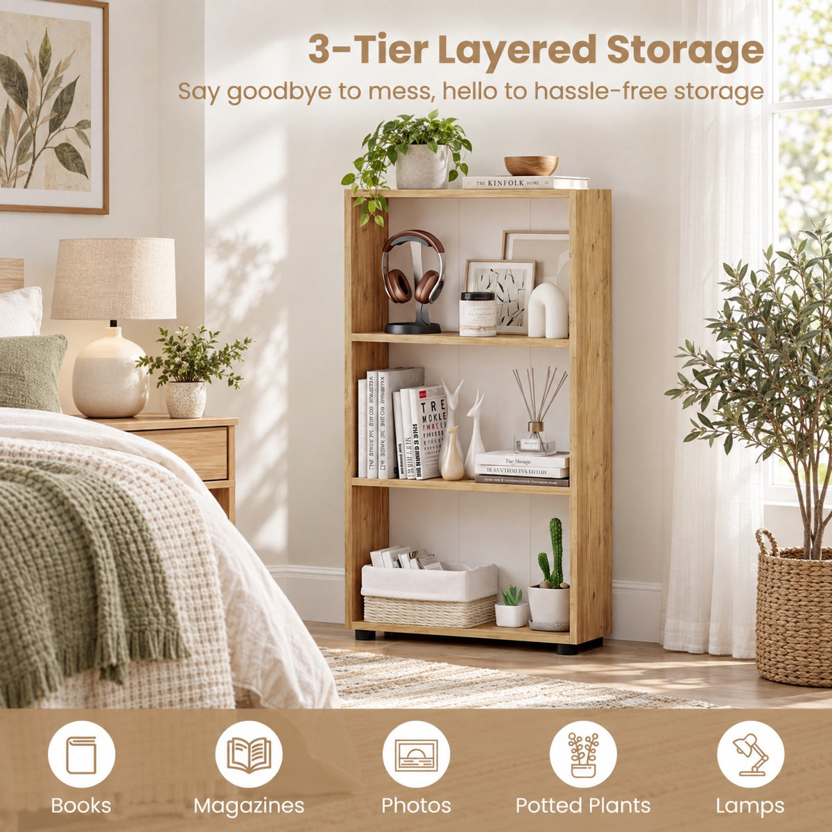 Airfind 3-Tier Bookcase 42 inch Tall Book Shelf with Anti-Tipping Kit, 22 lbs Capacity, Engineered Wood MDF Frame, 22 x 8 x 42 Footprint, Brown