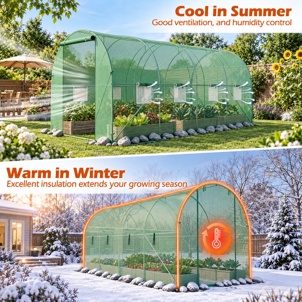 Airfind 15 x 7 x 7 ft Walk-in Tunnel Greenhouse with Watering System, Galvanized Steel Frame, 15 x 7 x 7 ft Footprint, Green