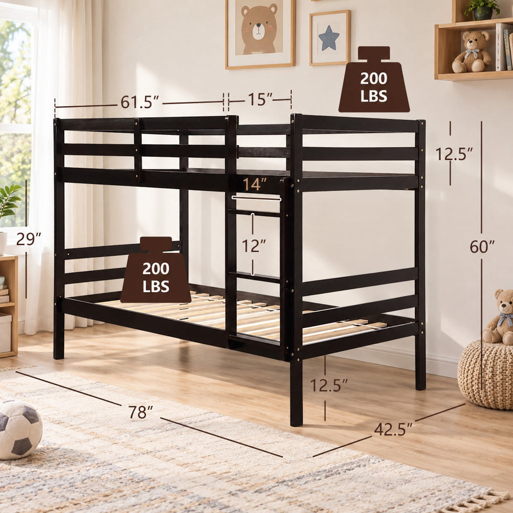 Airfind Twin Bunk Bed Children Wooden Bunk Beds Solid Hardwood, 78 x 42.5 x 60 (L x W x H) (Twin size) Suitable Footprint, Brown