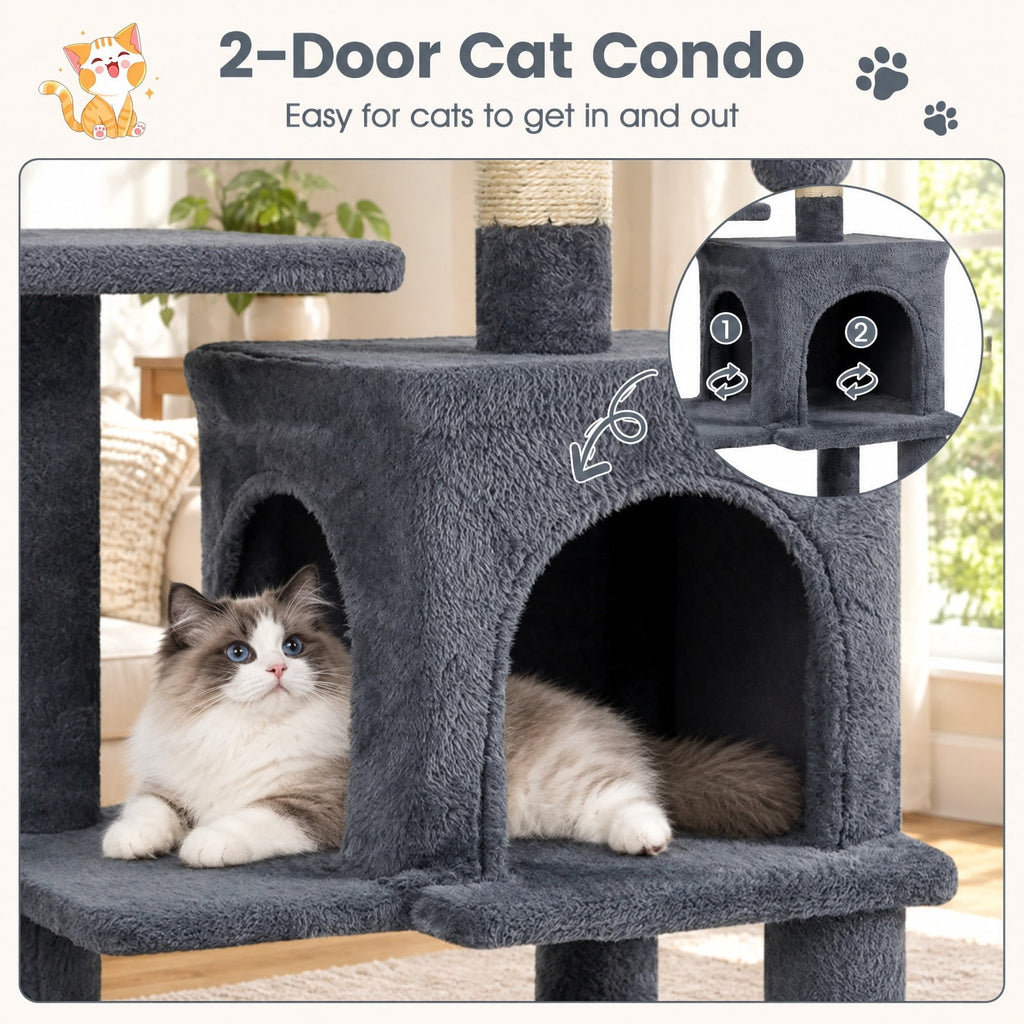 Airfind Multi-Level Cat Tower with 2-Door Condo and Padded Top Perch, PP Cotton Fabric Sisal Engineered Wood Overall Height 44 Base Frame, Gray