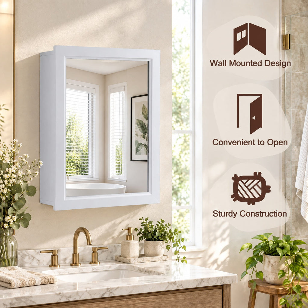 Airfind Wall Mounted Adjustable Medicine Storage Mirror Cabinet, MDF glass Frame, 20 Inch x 6 Inch x 26 Inch Footprint, White
