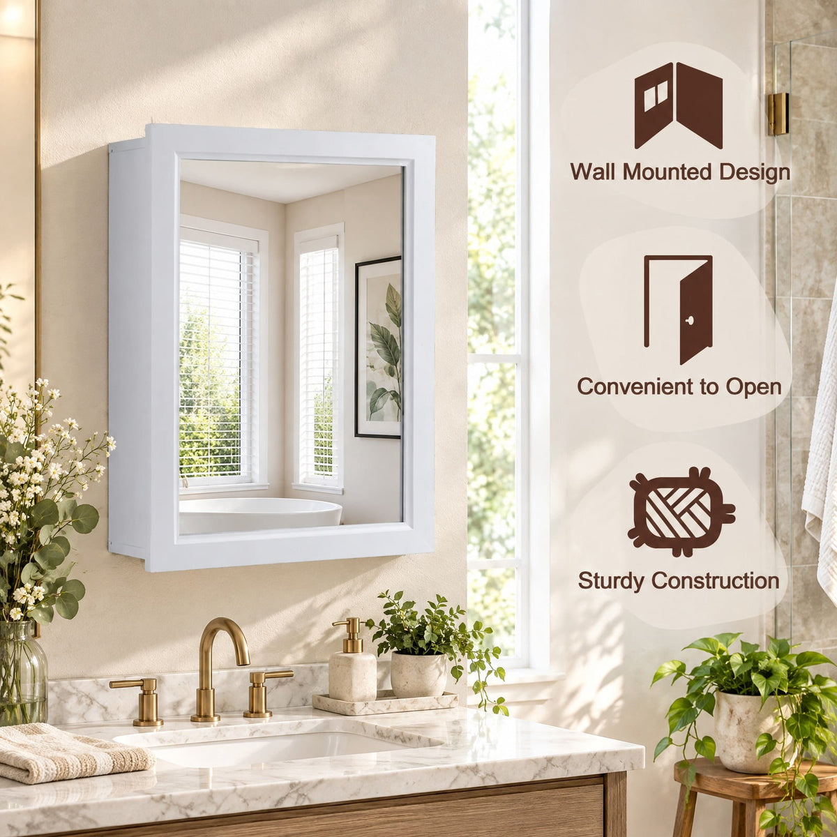 Airfind Wall Mounted Adjustable Medicine Storage Mirror Cabinet, MDF glass Frame, 20 Inch x 6 Inch x 26 Inch Footprint, White