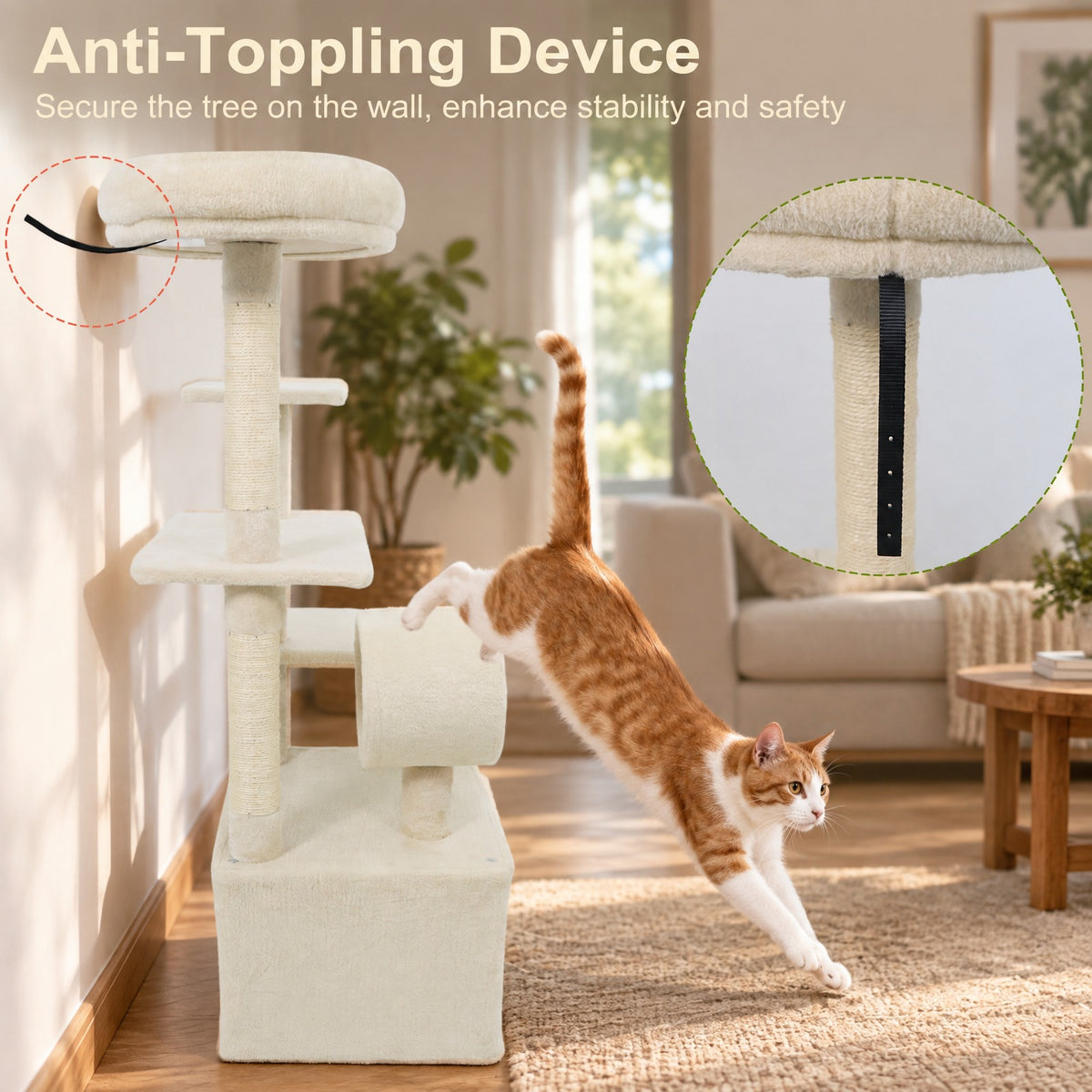 Airfind 48 Inches Tall Cat Tree Multi-Level Kitten Tower with Large Condo Padded Top Perch, Engineered Board Plush Sponge Jute Frame, Beige