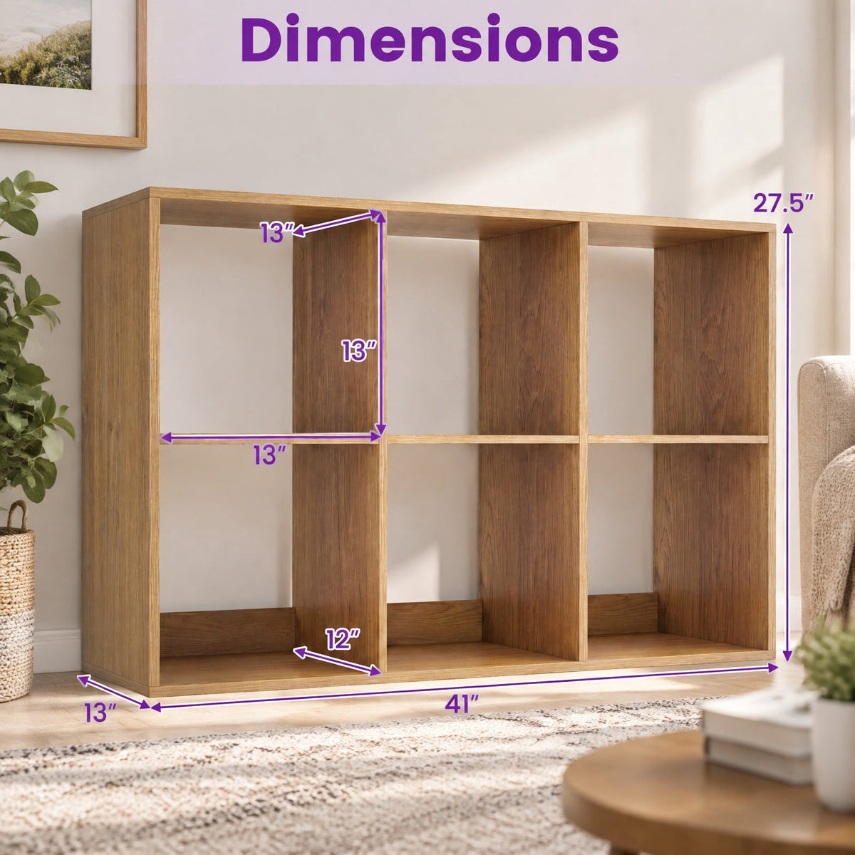 Airfind 6 Cube Bookshelf with Back Guardrail for Living Room Bedroom, 154 lbs Capacity, Engineered Wood Frame, 41 Inch x 13 Inch x 27.5 Inch Footprint, Natural