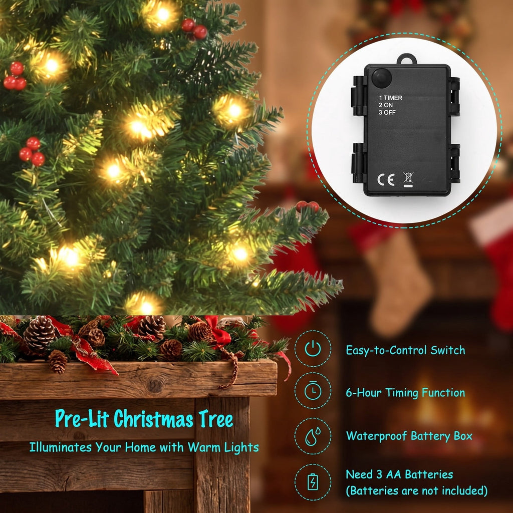 Airfind 4 Pieces Christmas Decoration Set with Garland Wreath and Entrance Trees, Green, diameter 24in, Number of LED lights 200 Battery