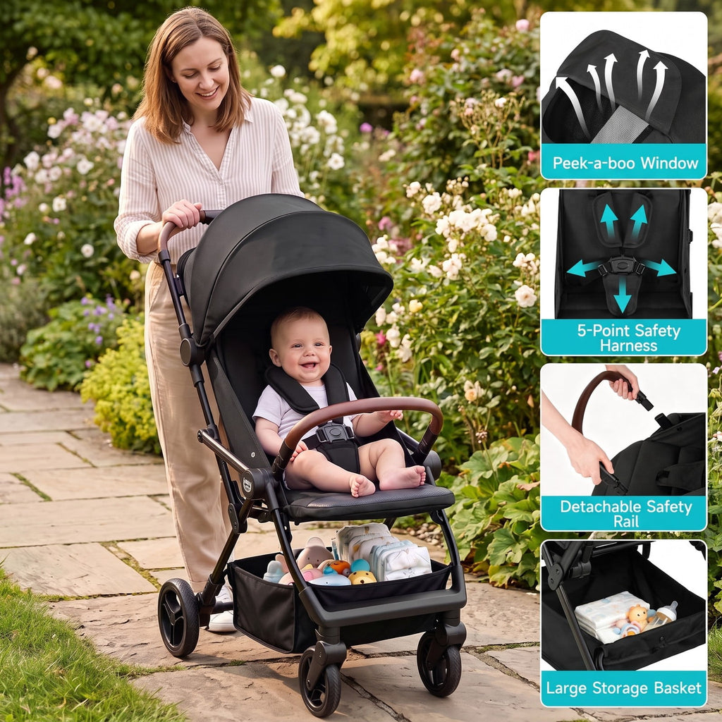 Airfind Lightweight Baby Stroller with One-Hand Folding and Adjustable Canopy for Toddlers, 50 lbs Capacity, Metal Aluminum Fabric Frame, Black