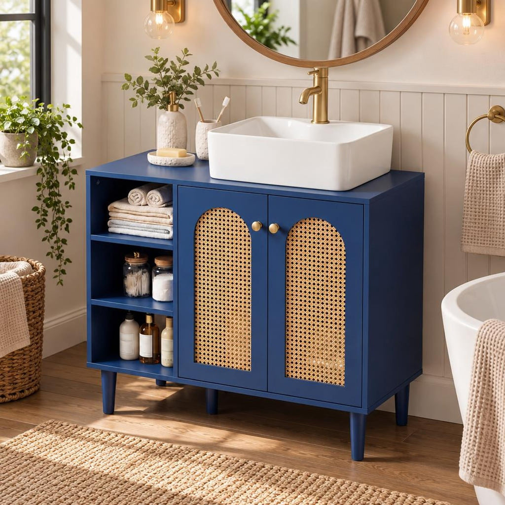 Airfind 36 Inch Under Sink Cabinet Boho for Vessel Sinks and Single-Handle Faucets, 265 lbs Capacity, MDF Rubber Wood PE Rattan Metal Frame, Navy