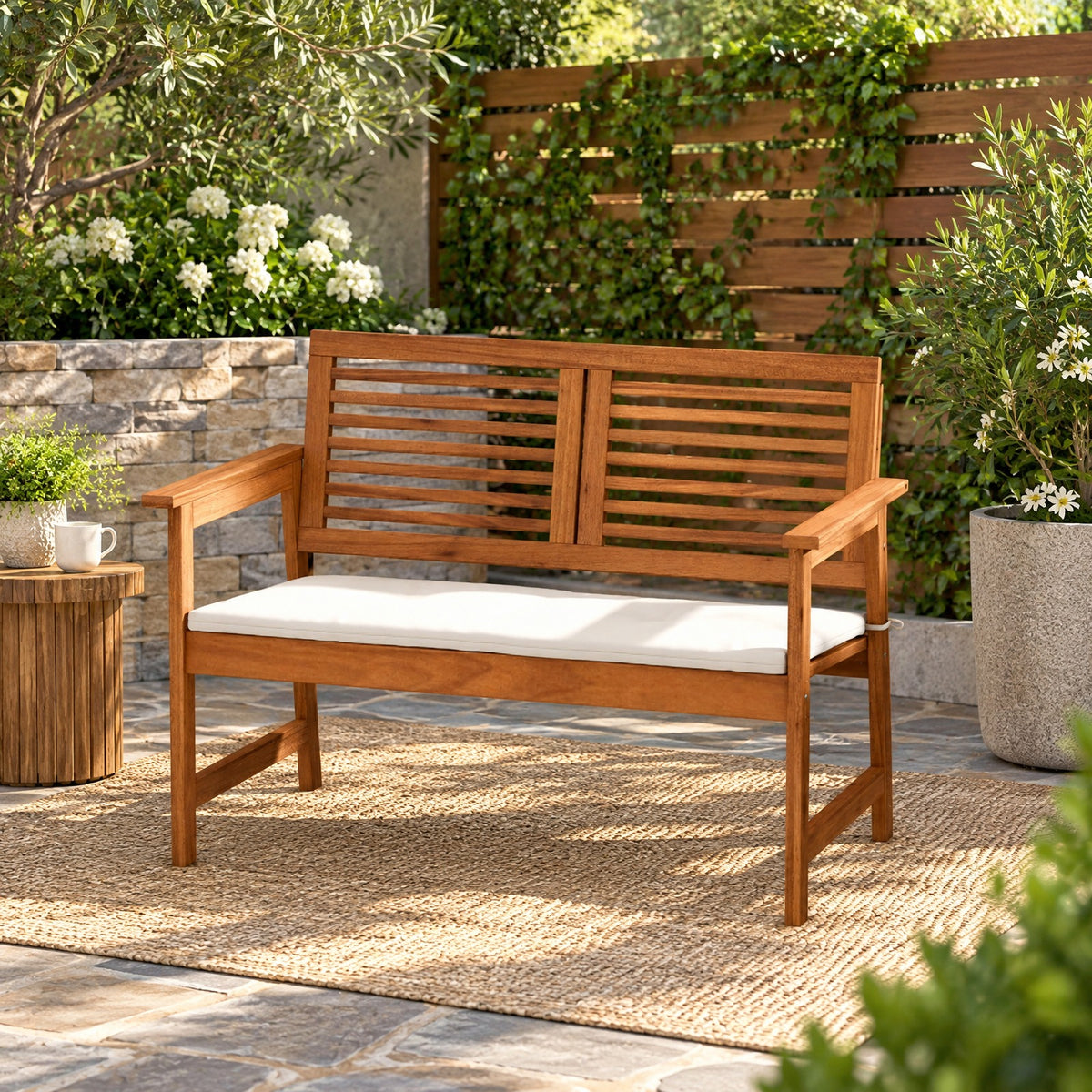 AIRFIND Outdoor Bench for 2 with Solid Wood Frame, Slatted Backrest and Tie-On Seat Cushion, 43.5 inch Patio Loveseat, Natural and Off White