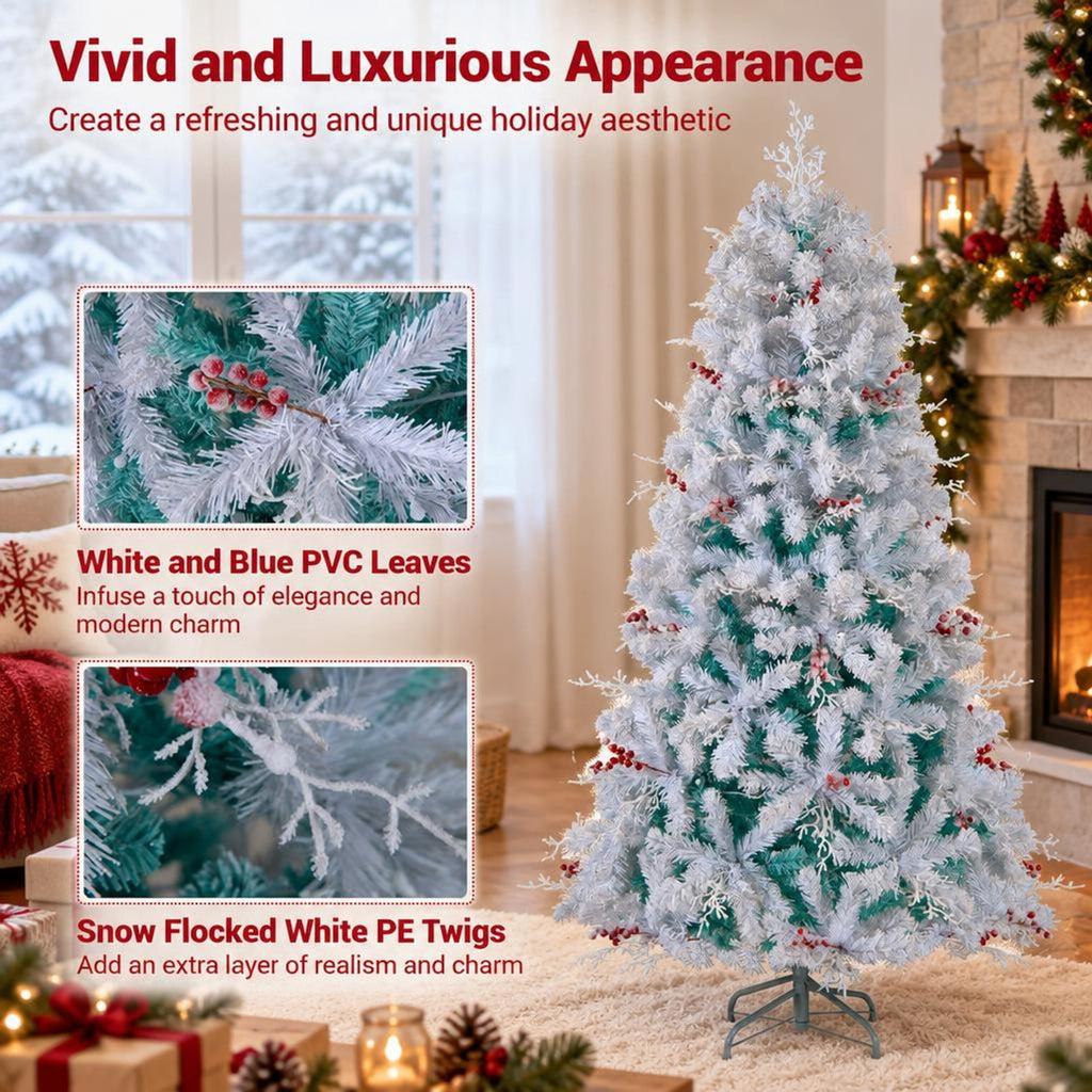 Airfind Pre-Lit Artificial Christmas Tree with Snow Flocked Branch Tips, PVC PE Metal Frame, 3.8 x 6 ft Footprint, White+Lake Blue
