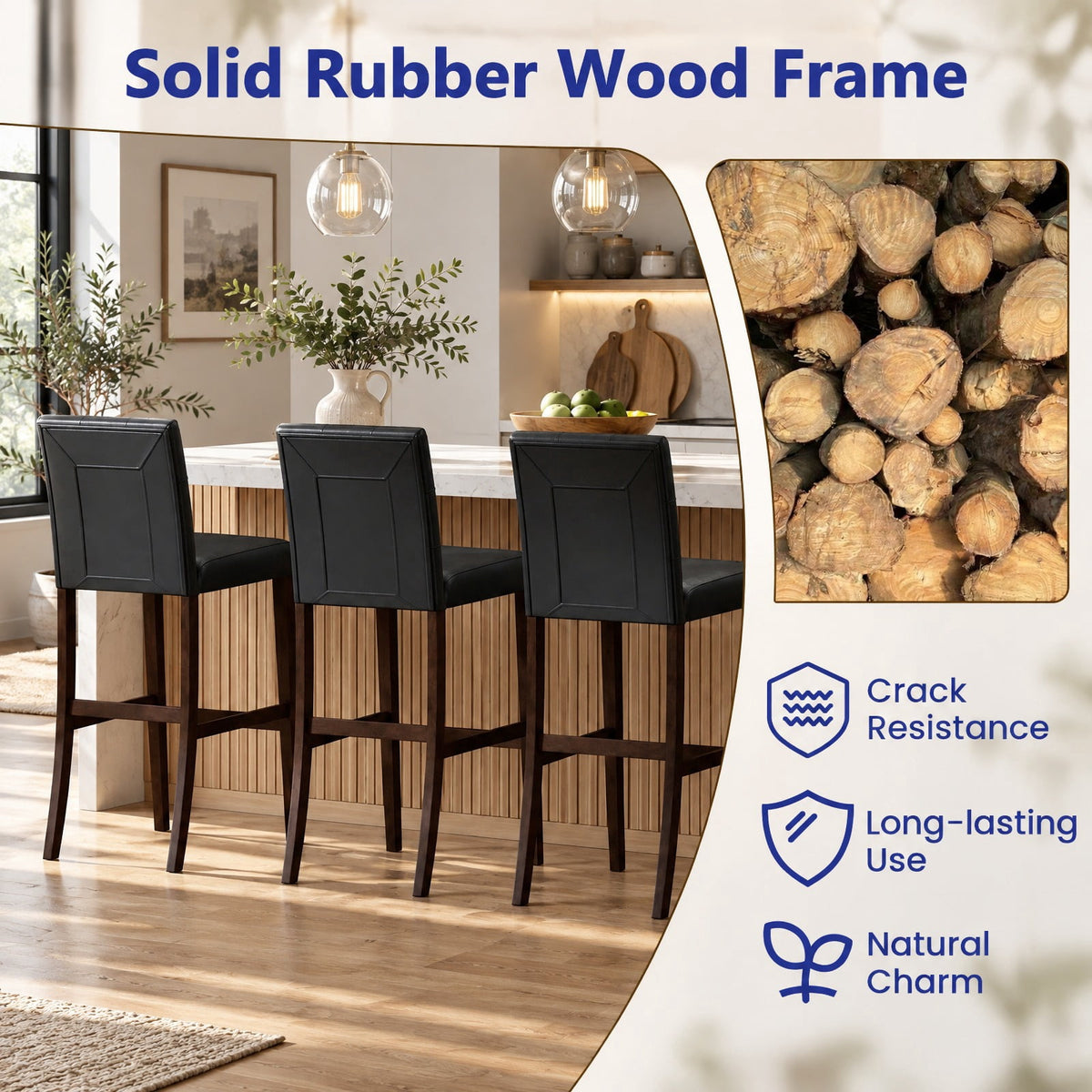 Airfind PVC Dining Leather Bar, Set of 4, Stools with Solid Wood Legs-29 inch, 353 lbs Capacity, PVC rubber wood Frame, Wood, Natural