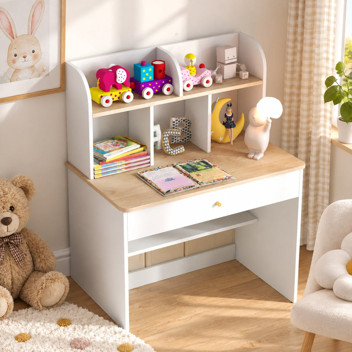 Airfind Kids Wooden Study Desk Writing Table with Hutch and Drawer, 200 lbs Capacity, MDF Engineered Wood Frame, for 3+ Years Old, White