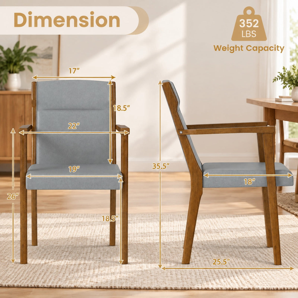 Airfind Upholstered Wooden Accent Chairs Set of 2 with High Back and Soft Cushion, 352 lbs Capacity, Rubber Wood Frame, Gray